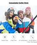Group enjoying winter scenery with Heavy Duty Carbon Fiber Selfie Stick Extends To Super Long 118 Inches With Reliable 1/4 Inch Mount.
