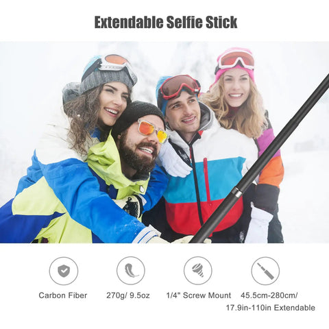 Group enjoying winter scenery with Heavy Duty Carbon Fiber Selfie Stick Extends To Super Long 118 Inches With Reliable 1/4 Inch Mount.