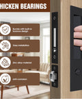 Pocket Door Lock Set With Edge Pulls And Hidden Handles For Sliding Doors Black Privacy Finish Fits Doors From One And Five Twelfths Inch To Two And Two Eighths Inch Thick Durable Pocket Door Hardware For Smooth Operation And Secure Privacy, shown installed on a wooden door showcasing easy installation and anti-corrosion features.