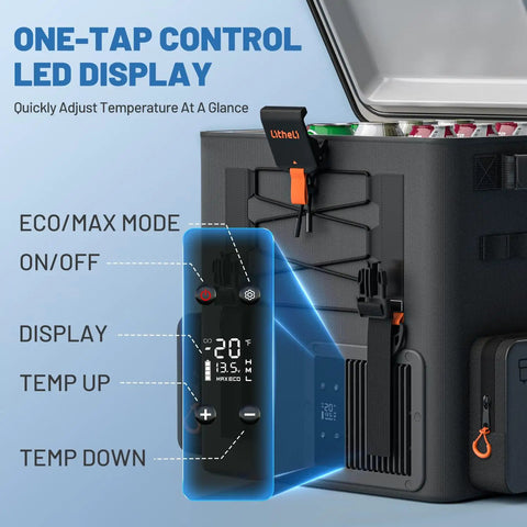 Top Tier Game Changer 12 Volt Portable Freezer And Compressor Cooler With Dual U20 Batteries For Rigs And Road Trips Delivers Sick Chilling Power Straight Up On The Go control panel with LED display showing temperature settings.