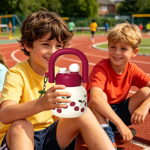 Two children on a track holding an 800ml Large Capacity Water Bottle With Handle For Sports And Hiking, cherry design visible.