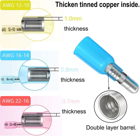 Diagram showing AWG sizes and thickness for 130Pcs Heat Shrink Bullet Wire Connectors Kit Waterproof Marine Grade Terminals
