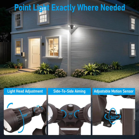 COB LED Outdoor Security Light with motion sensor above garage illuminating house, showing adjustment features, IP65 waterproof bronze