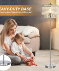 Crystal Floor Lamp 64 Inch Tall With Double Layer Shade, shown in living room, sturdy base, modern silver finish, 8W bulb included.