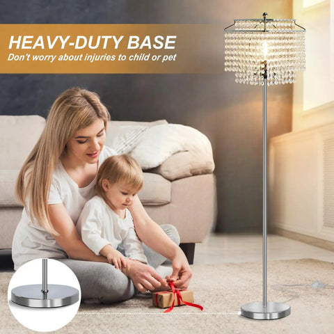 Crystal Floor Lamp 64 Inch Tall With Double Layer Shade, shown in living room, sturdy base, modern silver finish, 8W bulb included.