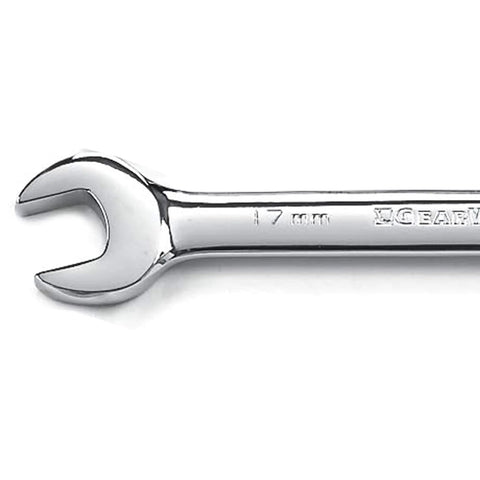 End view of 17mm chrome ratcheting combination wrench with open end design.