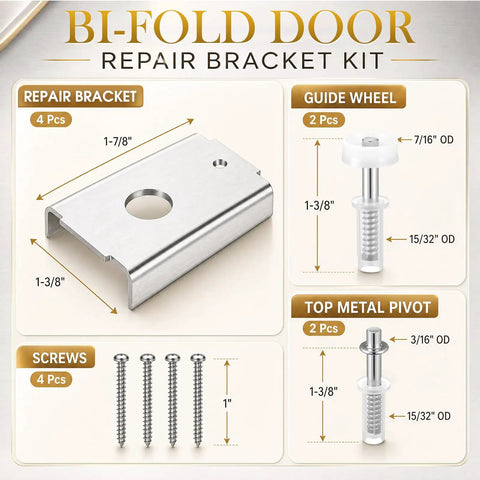 Easy Install 4 Pack Bifold Door Repair Kit With Metal Brackets And Pivot Accessories For One And Three Eighths Inch Wood Doors Fits Seven Sixteenths Inch Pivot Hole Top Or Bottom Replacement Closet Hardware Set showing repair bracket, screws, guide wheel, and top metal pivot details