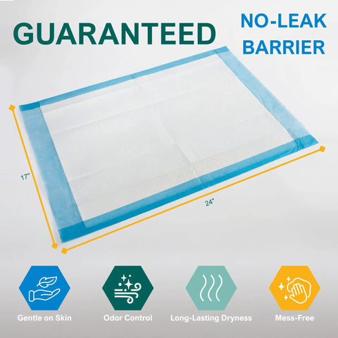 Top Shelf Super Absorbent Disposable Underpads 17 X 24 Inches Bone Dry Finish 100 Count Leak Proof Chux Pads shown with no-leak barrier design.