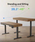 Slick Electric Sit Stand Desk With 3 Integrated Drawers shows height adjustment range of 28.3"-45" with black walnut top and steel frame.