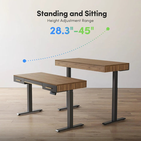 Slick Electric Sit Stand Desk With 3 Integrated Drawers shows height adjustment range of 28.3"-45" with black walnut top and steel frame.