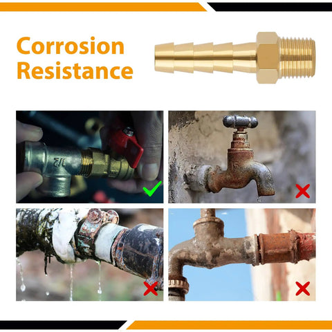Comparison showing 4 Pack Brass Hose Barb Fittings 1/4 Inch Barb To 1/8 NPT Male Thread in use versus corroded pipes.