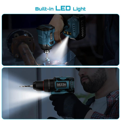 Cordless Drill And Impact Driver Combo Kit For DIY Home Projects With Brushless Motors, 0 To 3250 RPM, 0 To 3450 IPM, 1950 In Lbs Torque, Four Speed Settings, Three Scene Modes, And A Three Eighths Inch Driver Drill. Built-in LED light.