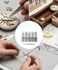 Ultra Handy Micro Screw Repair Kit For Glasses, Watches, Phones And Electronics, shown in use on pocket watch, clock, and glasses repair.