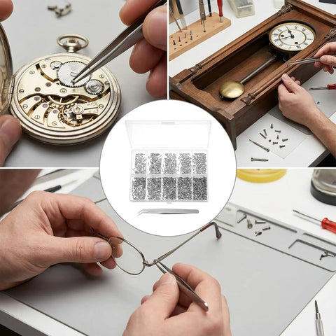 Ultra Handy Micro Screw Repair Kit For Glasses, Watches, Phones And Electronics, shown in use on pocket watch, clock, and glasses repair.