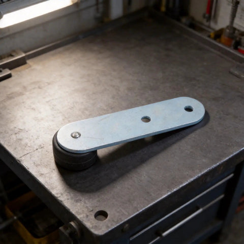 Side Mounted Door Pulley Wheel And Sagging Repair Kit For Wooden Sliders galvanized steel support roller on workbench.