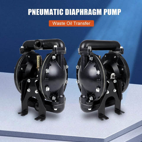 Front view of two black air-operated double-diaphragm pumps for waste oil transfer, 1/2 in inlet.