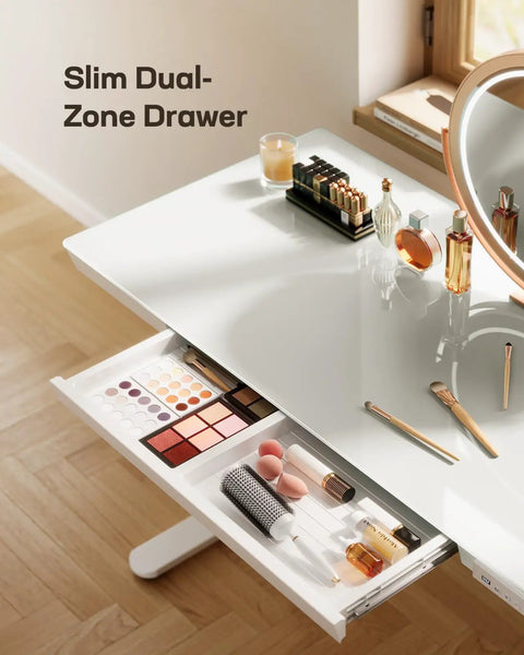 Glass Standing Desk With Drawer, 48 By 24 Inch Electric Height Adjustable Sit Stand Desk With One Piece Tabletop And USB Ports, Storage For Home And Office, White, featuring slim dual-zone drawer open with makeup items.