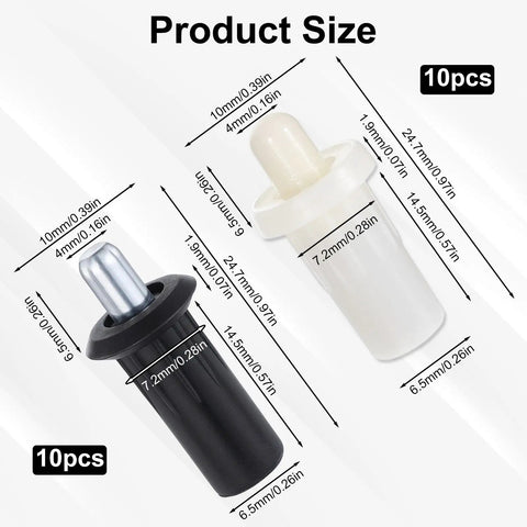 Top Shelf Cabinet Door Repair Pins Heavy Duty Metal Plastic Damper Hardware 20 Pack showcasing sizes of black and white connectors.