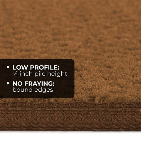 Close-up of toffee brown carpet stair tread showing low profile, bound edges, skid resistant carpet stair treads set of 15.