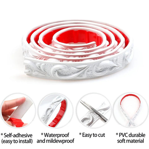 Self Adhesive Flexible Molding Trim 16.4 Ft Peel And Stick DIY Crown And Ceiling Molding in white PVC, rolled with relief pattern.