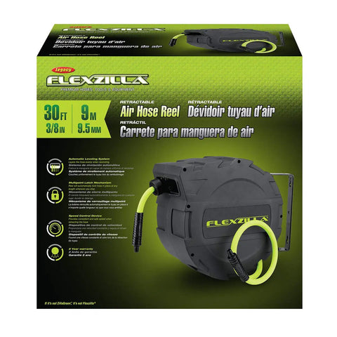 Retractable Enclosed Plastic Air Hose Reel 3/8 Inch By 30 Foot Heavy Duty Lightweight Hybrid ZillaGreen with Auto Lock