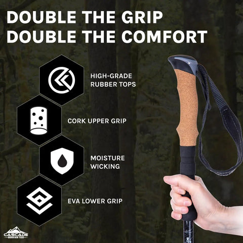 Pair Of Adjustable Trekking Poles With Aircraft Grade Aluminum, Cork Grip, EVA Extended Grip In Bright Orange shown with grip details.