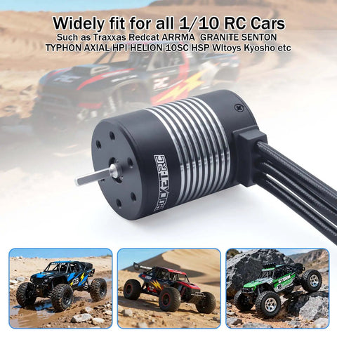 Beefy 3650 Brushless Motor 3900KV 3 175mm Shaft Waterproof For 1 To 10 Scale RC Cars with off-road cars in background