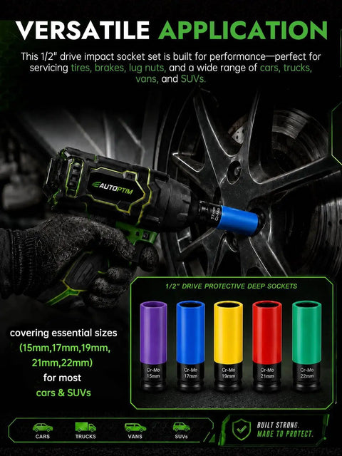 Heavy Duty 1/2 Inch Drive Lug Nut Socket Set With Ultra Thin Wall Design For Easy Access Narrow Wheels, Bright Color Coded Sleeves, Made From Cr-Mo Steel, Fits Most Sedans Trucks And Suv Cars Perfectly, on impact wrench