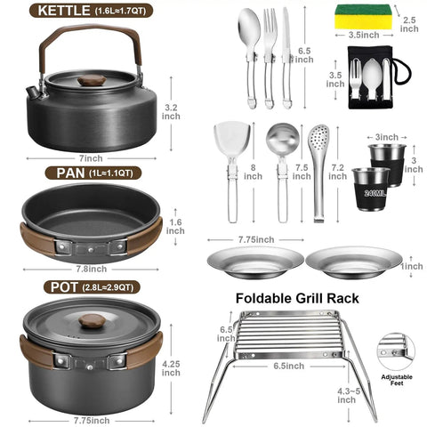 18-Piece Camping Cookware Set With Utensils Camp Mess Kit Dope Hard Anodized Aluminum For Quick Heat Transfer items shown