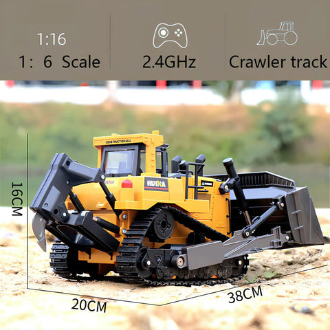 Proportional One Sixteenth Scale RC Bulldozer Toy With Four Wheel Drive Front Loader on outdoor dirt with size dimensions shown