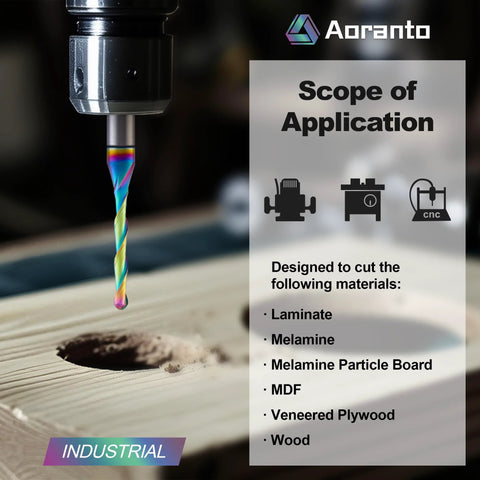 Close-up of Aoranto 1/8 in ball-nose CNC router bit, rainbow-coated solid carbide, 1/4 in shank, 2-flute for wood carving