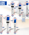 Six Piece Pattern Flush Trim Router Bit Set With 1/4 Inch Shank Carbide Tipped Template Top Bearing dimensions shown