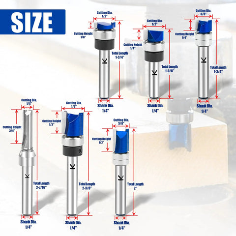 Six Piece Pattern Flush Trim Router Bit Set With 1/4 Inch Shank Carbide Tipped Template Top Bearing dimensions shown