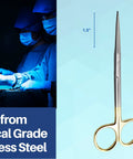 Pro Grade 5.5 Inch Straight Scissors With Gold Plated Handle And Tungsten Carbide Inserts For Precision Cutting on light blue background