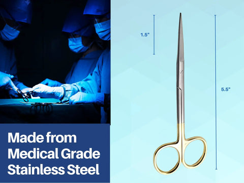 Pro Grade 5.5 Inch Straight Scissors With Gold Plated Handle And Tungsten Carbide Inserts For Precision Cutting on light blue background