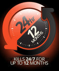 Clock graphic indicating Heavy Duty Roach Killer Bait Traps Designed To Wipe Out Small Roach Nests Fast And Gut The Colony From The Inside While Shielding Your House For 12 Months With Residual Action That Kicks Creepy Crawlers To The Curb And Includes 18 Count Pack.
