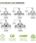 Dimensions and specifications of UFO LED high bay lights, including 150W LED High Bay Light Hella Bright For Warehouses And Gyms IP65.