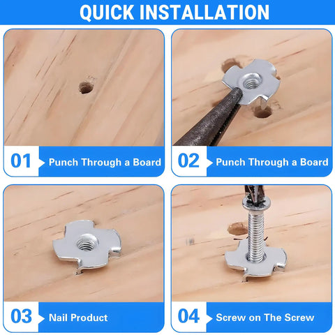 Step-by-step installation of Twenty Pack 5/16-18 Tee Nuts 304 Stainless Steel Four Pronged for wood cabinetry and furniture.