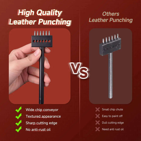 Comparison of high quality leather punch with three piece prong punch tool set for leather crafting round hole punches in one quarter inch three eighths inch and one half inch durable steel and leather build pro grade great for diy diamond lacing and stitching includes 6mm row hole punch for precise and standard punch highlighting wide chip conveyor with sharp cutting edge.