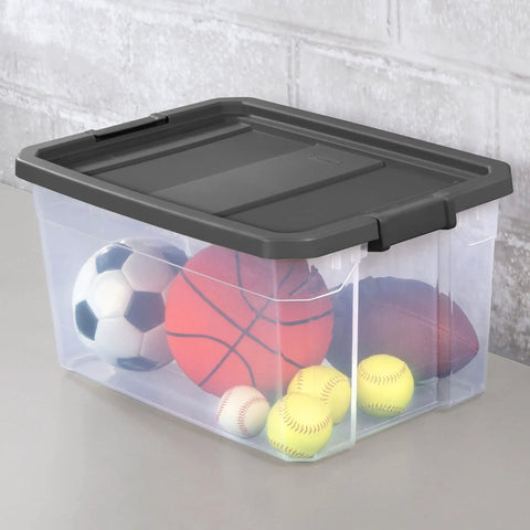 Modular Clear 76 Qt Storage Box Stackers, Stackable Plastic Organizer With Locking Lids containing various sports balls