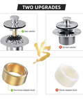Chrome-plated all-metal lift-and-turn bathtub drain kit with two-hole overflow faceplate; brass adapter bush included