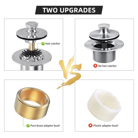 Chrome-plated all-metal lift-and-turn bathtub drain kit with two-hole overflow faceplate; brass adapter bush included