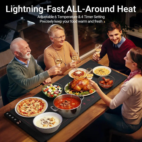 Portable Silicone Food Warming Mat With Rapid Full Surface Heat Six Temp Levels And Adjustable Timer Nails Dinner Party Prep Every Time This Solid Tray Keeps Grub Heckin Cozy Till The Last Fork Gets Put Away Tonight, set on table with food and drinks.