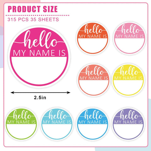 Hello My Name Is Round Name Tag Stickers Set 315 Pcs In 9 Macaron Colors, 2.5 Inches, for Classroom and Office Use
