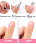 4 In 1 Cuticle Tool Set With Nipper Pusher Cutter And File In Pink Leather Case showing before and after manicure process