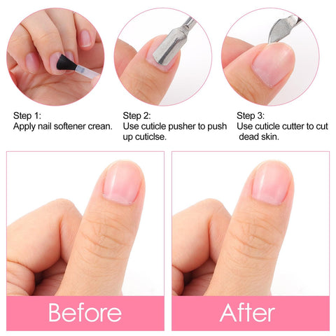 4 In 1 Cuticle Tool Set With Nipper Pusher Cutter And File In Pink Leather Case showing before and after manicure process