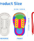 Front and reverse view of Six Shoe Lacing Practice Boards Set With Pre Punch Holes And Laces, colorful cardboard, and red lace.