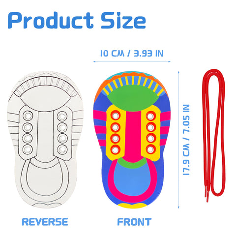 Front and reverse view of Six Shoe Lacing Practice Boards Set With Pre Punch Holes And Laces, colorful cardboard, and red lace.
