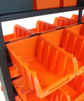 Close-up of the Rolling Storage Bin Rack And Parts Organizer with dual-sided orange bins for garage use.