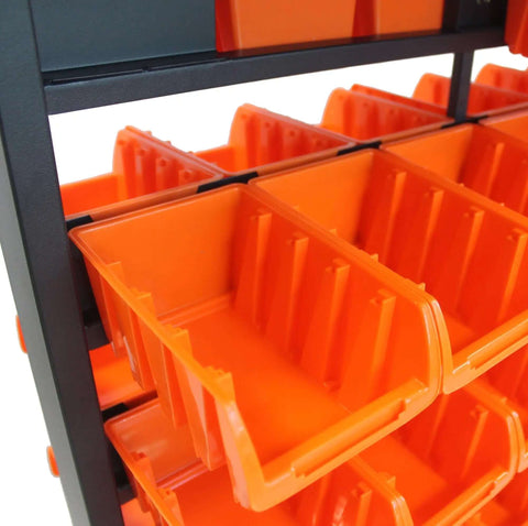 Close-up of the Rolling Storage Bin Rack And Parts Organizer with dual-sided orange bins for garage use.